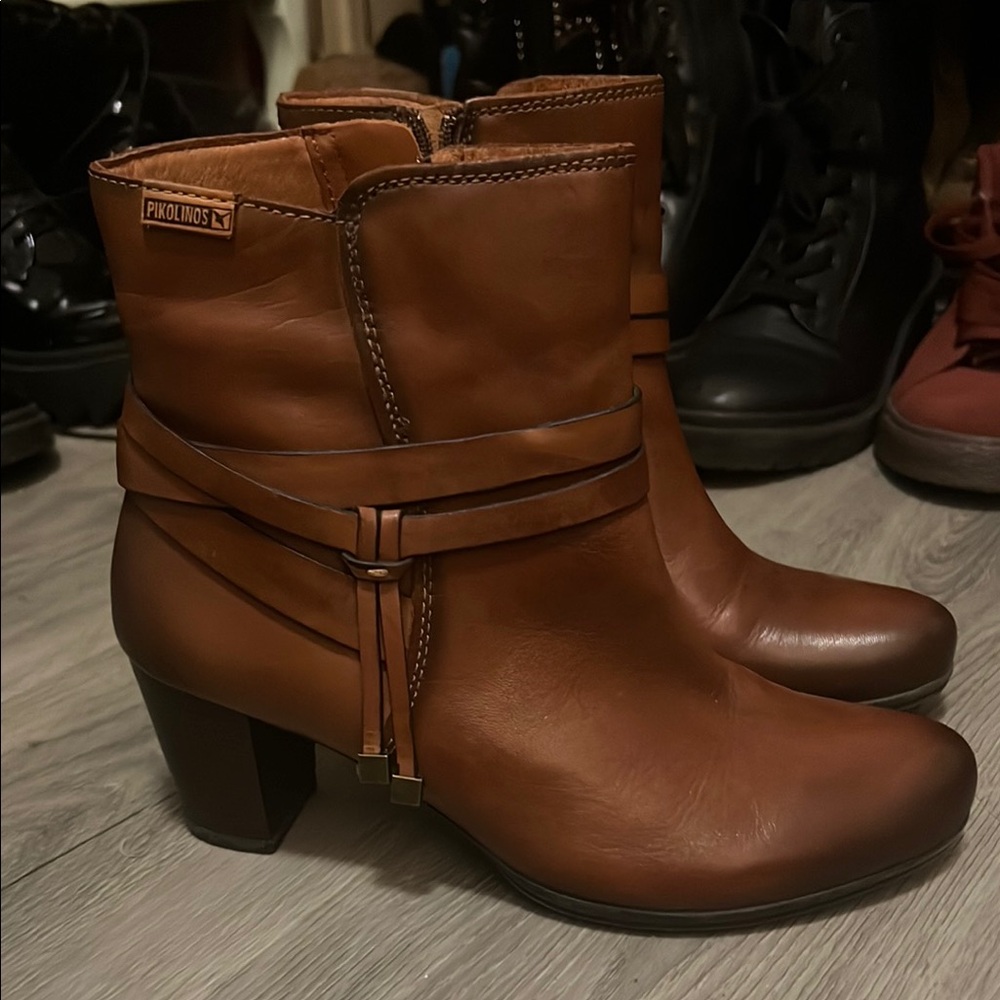Pikolinos Brown Heeled Boots with Decorative Straps